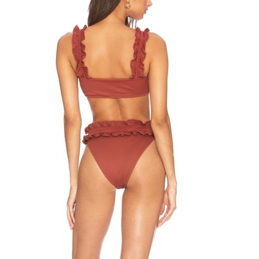 Beach Riot Ivy Ribbed High Rise Ruffle Bikini Bottom Terracotta Rust High Cut S - Picture 2 of 8